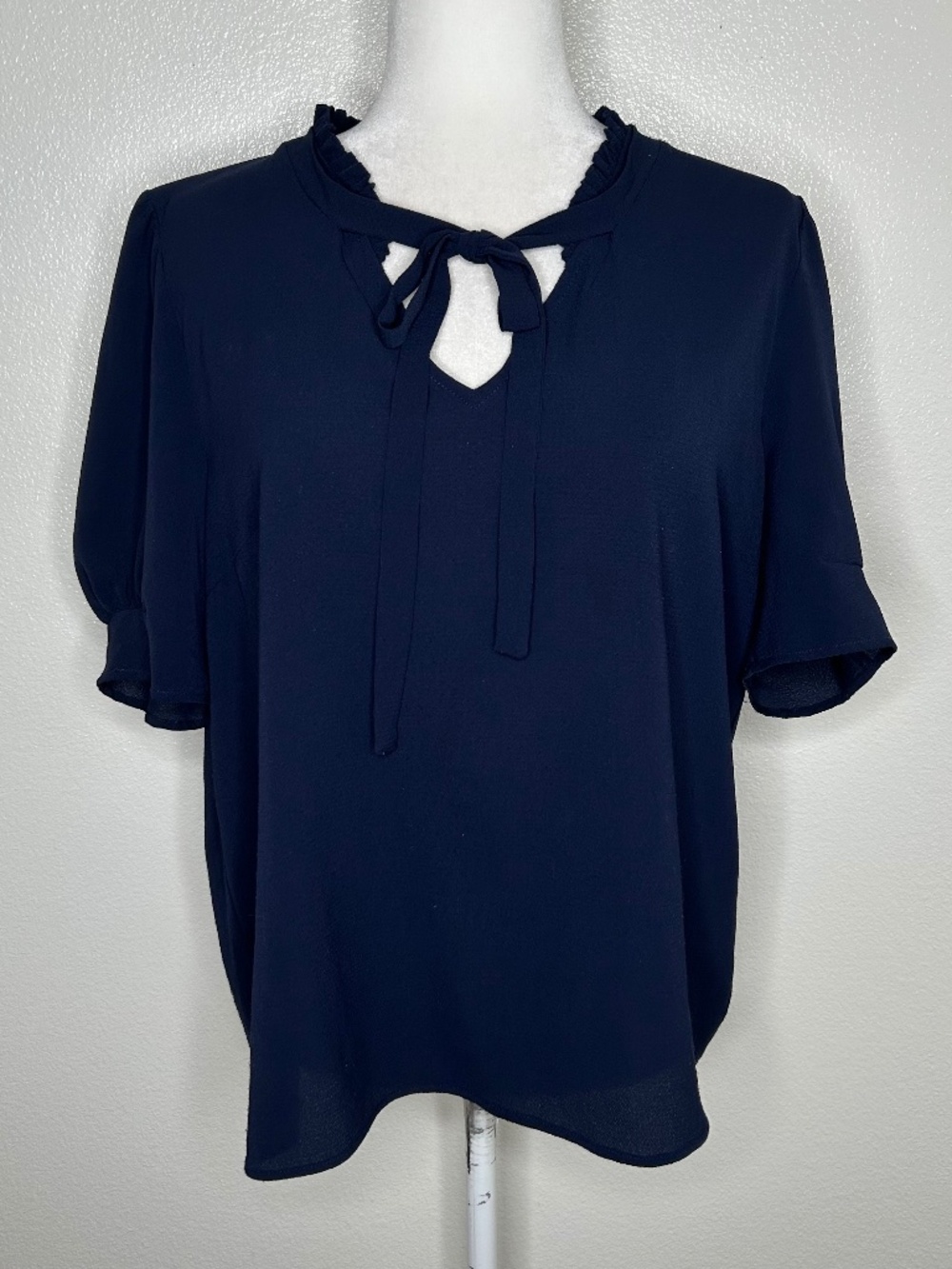 CeCe Womens Navy Blue Tie-Neck Short Sleeve Blouse Top Size L